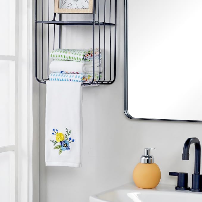 SKL Home Summer Floral Hand Towel Set-2pc, 100% Cotton, Embroidered, White | Soft velour with 3D embellishment. For use in the bathroom, kitchen, or any sink space & makes a great gift.