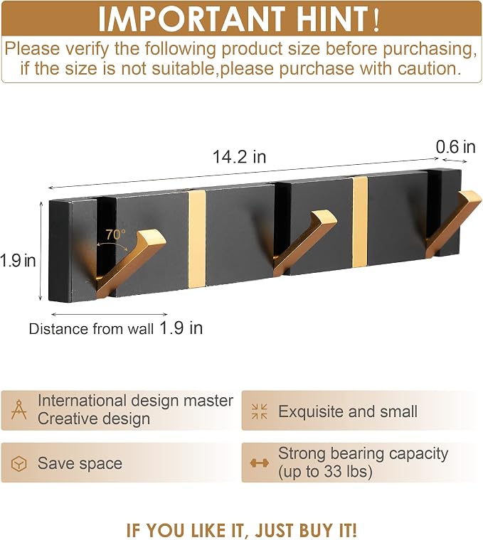 2 Pack，Bathroom Towel Hooks for Wall，Black Gold Wall Hooks for Coats，Towel Hooks for Bathrooms，Perforated or Free Perforated，Black Gold Towel Hooks，Towel Door Hooks，Also for Balcony，Kitchen.