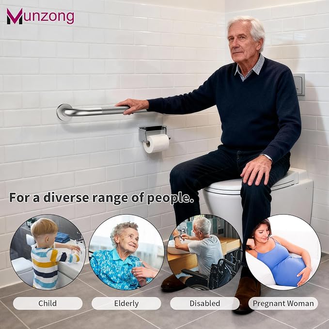 16 Inch Anti Slip Shower Grab Bar,Munzong Handicap Grab Bars,Brushed Nickel Knurled Bathroom Balance Bar,Safety Hand Rail Support Elderly Senior Bath Handle