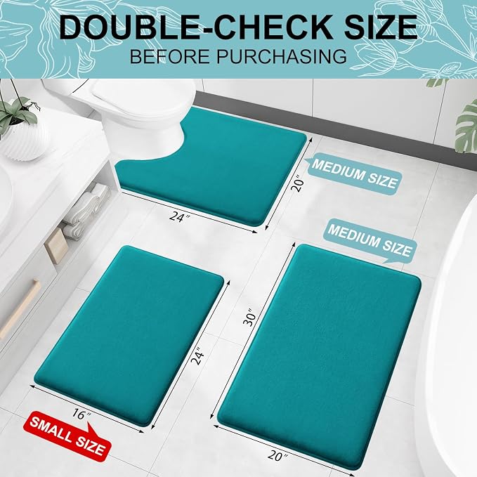 Smiry Memory Foam Bath Mat 24x16, Extra Soft and Absorbent Bathroom Rugs | Teal, Quick Dry Machine Washable Non-Slip Bath Mat for Bathroom Floor, Shower and Tub