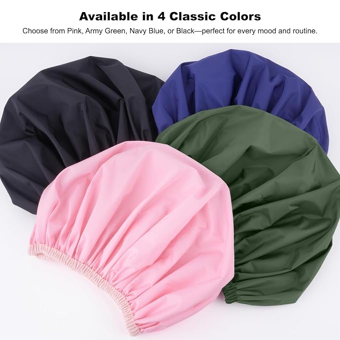2 Pack Shower Caps for Women, Reusable Waterproof Shower Cap with Elastic Band, Thickened Waterproof Fabric Shower Bonnet for Braids, Long Hair (Black and Blue)