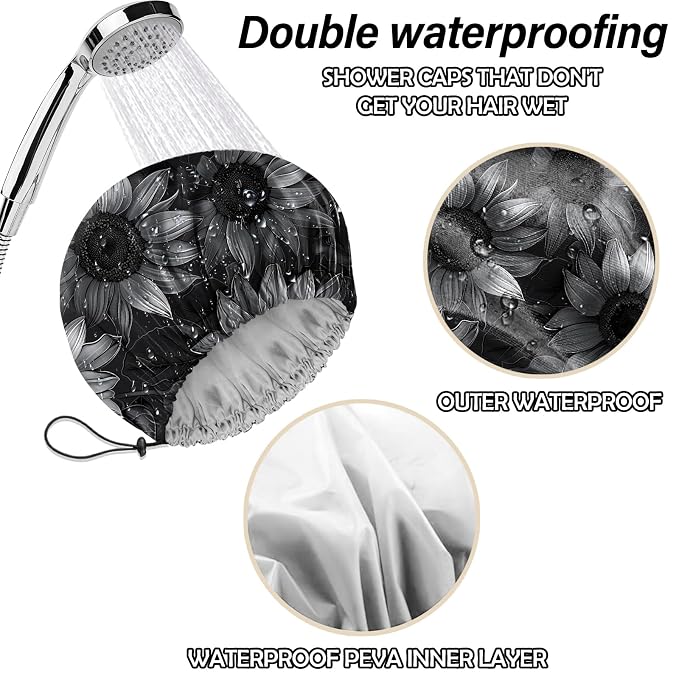 2 PCS Shower Cap Reusable Waterproof Double Layers Hair Caps Shower Bath Adjustable Elastic Hat for Women Girls Cute Aesthetic-Bat Sunflower