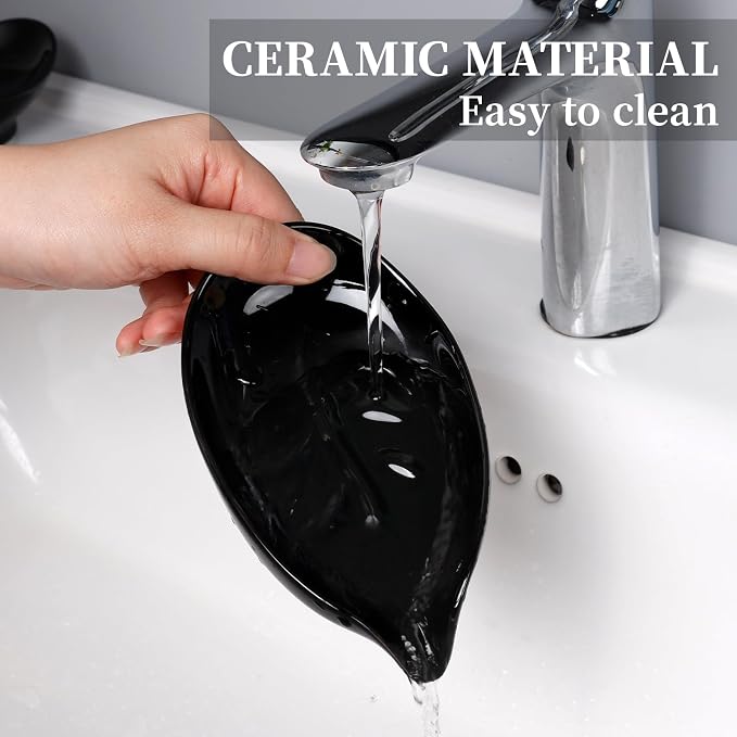 Soap Dish, Self Draining Soap Holder, Leaf Shape Ceramic Bar Soap Holder Drain Soap Dishes for Bathroom Sink Kitchen, Easy to Clean, Keeps Soap Dry, Black, ANTIS'S HOME