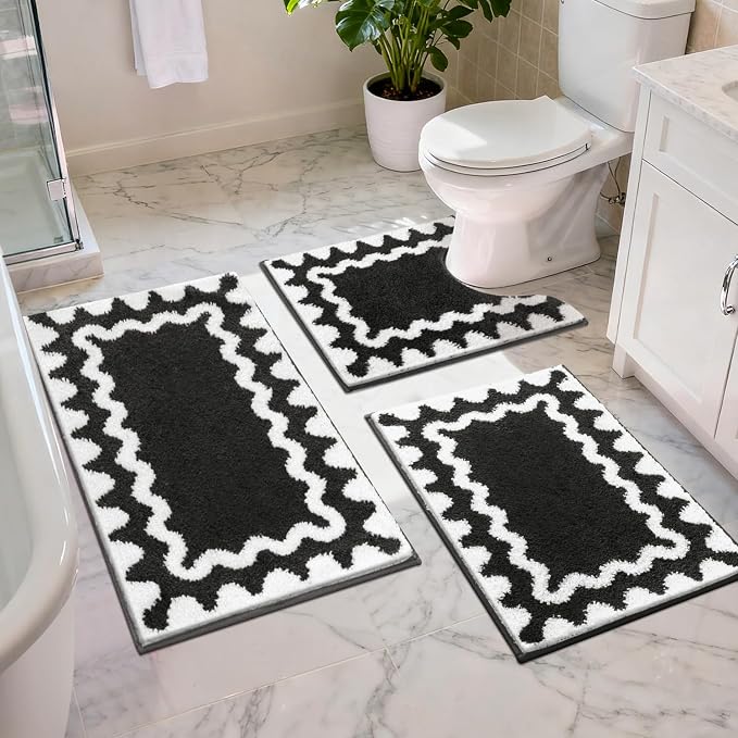 Findosom Bathroom Rugs Sets 3 Piece, Absorbent Soft Non-Slip Bath Rug Set | Washable Microfiber Shaggy Scalloped Bath Mat Set with Bathroom Runner Rug, U-Shaped Toilet Rugs, Shower Rug, Black