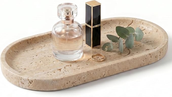 YKAJO Yellow Travertine Oval Marble Tray, 9.8x4.7 Vanity Perfume Organizer | Honed natural stone; jewelry & trinket dish, ring & key holder, soap & candle catchall; bath counter, dresser, coffee table