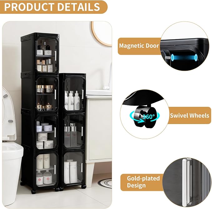 4-Tier Tall Narrow Slim Bathroom Storage Cabinet, Black | Tool Free Assembly, Adjustable shelves, Fits for Narrow Spaces, Lockable Wheels, Magnetic Clear Door