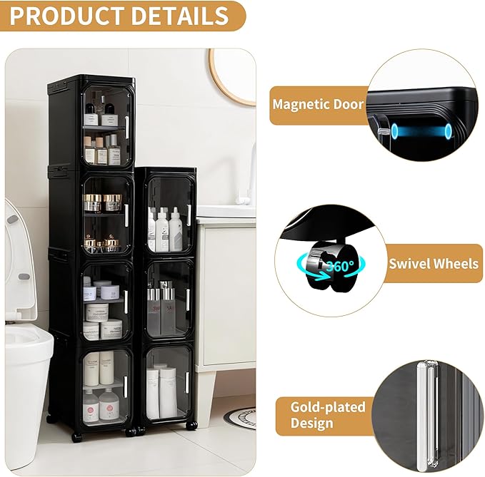 2-Tier Narrow Slim Bathroom Storage Cabinet with Wheels, Black | Tool Free Assembly, Adjustable Shelves, Fits for Narrow Spaces, Reinforced Stability, Magnetic Clear Door