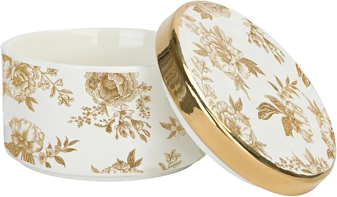 Sweet Water Decor Gold Delft Round Trinket Box, Jewelry Storage for Nightstand, Dresser, or Counter, Small Ring & Keepsake Storage, Elegant Gift for Wedding, Anniversary or Hostess