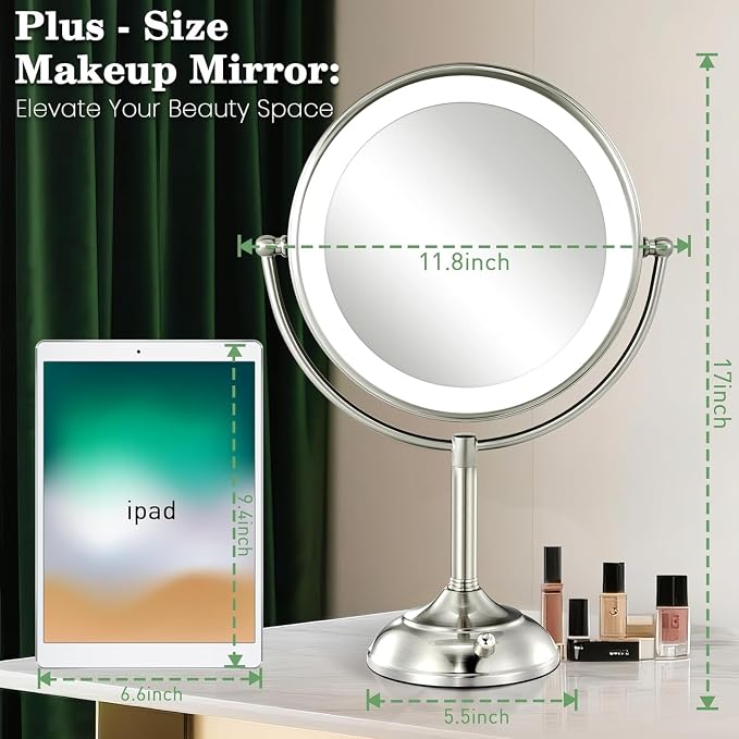 VESAUR 11.8" Extra Large 17" Tall Lighted Makeup Mirror, 1X/5X/10X 3-Sided Magnifying Mirror with 96 LEDs, 3 Color Dimmable Lights, 360° Swivel Dual Power Vanity Mirror, Nickel Finish Luxury Gift Box