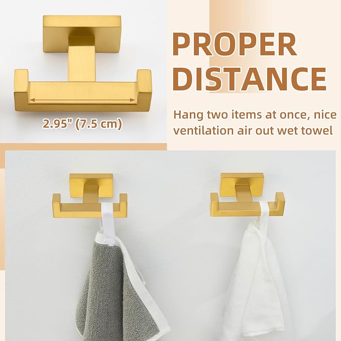 APLusee Double Bath Towel Hook 2 Pack, Solid Stainless Steel Square Dual Coat Holder, Modern Bathroom Kitchen Storage Hanger Wall Mounted, Brushed Dark Gold