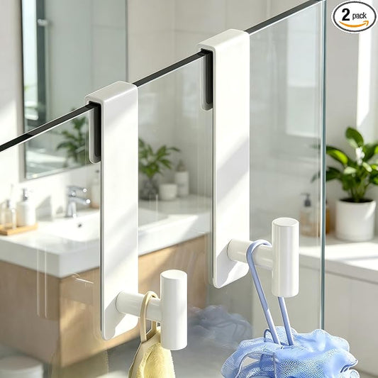 Shower Door Hooks, Heavy Duty Rack Hooks for Robe, Stainless Steel Robe Towel Hooks for Bathroom, Fits Frameless Glass Shower Doors up to 3/8" (10mm) Thick (White, 2 Pack)