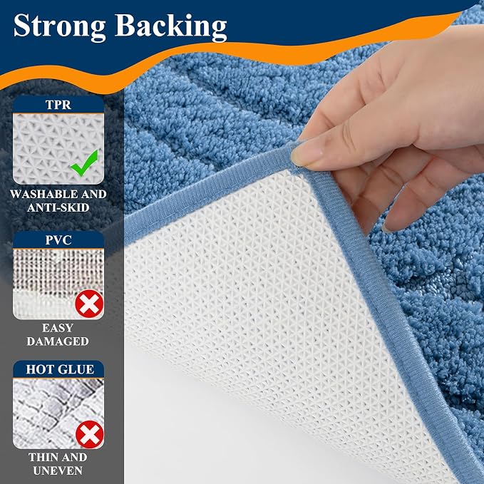 Ileading Bathroom Rugs Sets 5 Piece, Non Slip Washable Bath Mat Set | Absorbent Plush Microfiber Bathroom Mat Set with Toilet Cover, Bath Runner and U-Shaped Contour Rug for Tub, Shower, Blue