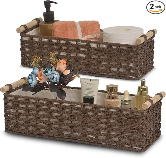 Toilet Paper Baskets for Organizing[2 pack],Paper Rope Wicker Storage Basket with Handle, Bathroom Basket for Bedroom, Nursery, Living Room. (Brown)