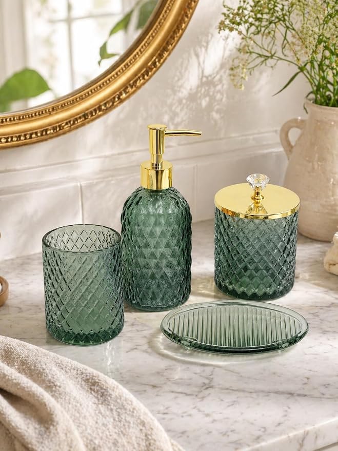Haturi Glass Bathroom Accessories Set, Sage Green Bathroom Set, 4 Pcs | Kit w/ Bathroom Soap Dispenser Set, Toothbrush Holder, Qtip Holder,Soap Dish, Green Bathroom Decor, Gift for Home Apartment