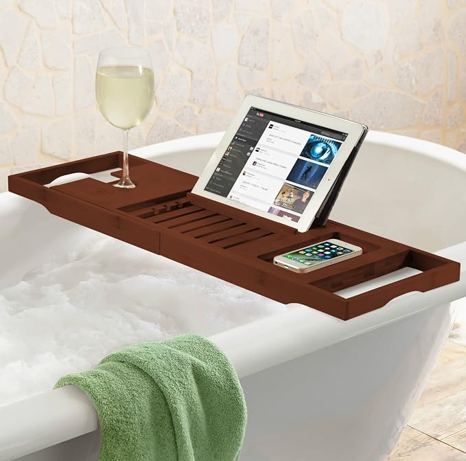 Bamboo Bathtub Caddy Tray - Expandable Waterproof Spa Bath Tray with Wine Glass Holder, Book/Tablet Stand, and Phone Slot - Non-Slip, Adjustable Handles for Most Tubs (Brown)