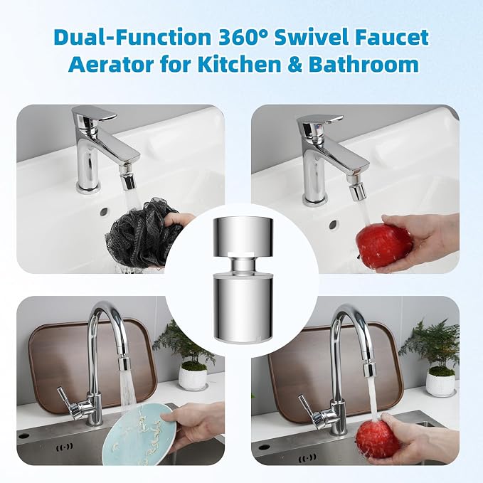 Hibbent NSF/ANSI/CAN 61 Certified Faucet Aerator, cUPC Certification 360° Swivel Faucet Extender, Dual-function Sink Aerator, Kitchen Faucet Sprayer Attachment, 55/64” Female Thread, Chrome
