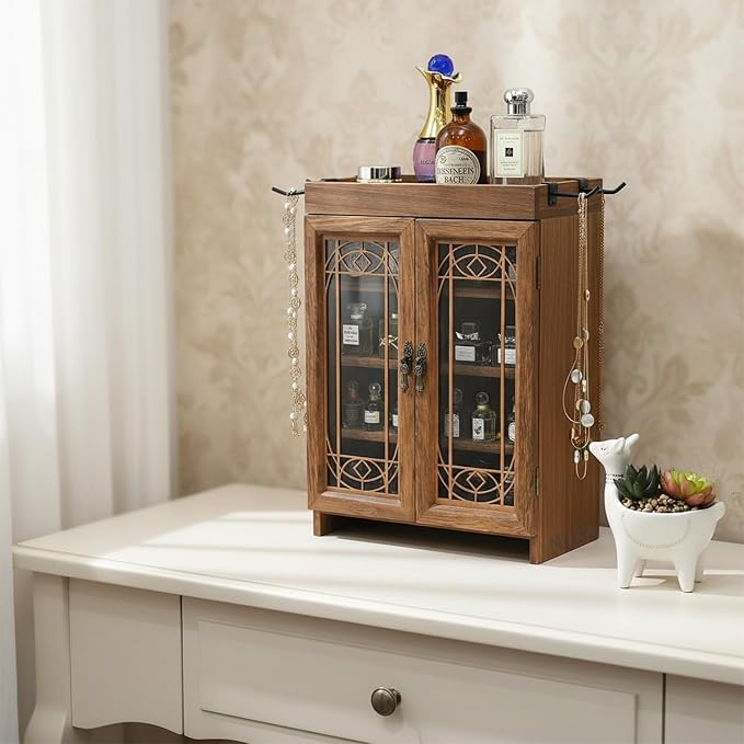 Ikee Design 4-Tier Small Wooden Countertop Storage Cabinet with Adjustable Shelves and Doors, Removable Hooks, Perfect for Perfume, Pantry, Essential Oil, Collection, 14.8W x 6.1D x 14.4H in, Brown