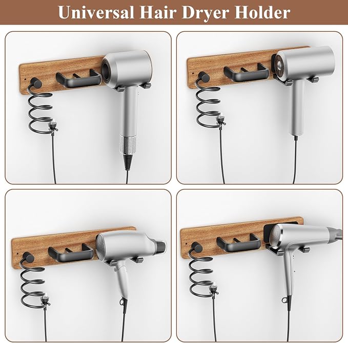 Tindbea Hair Dryer Holder Wall Mount Aluminum Alloy Hot Tools Organizer | Sapele Wood, Matte Black