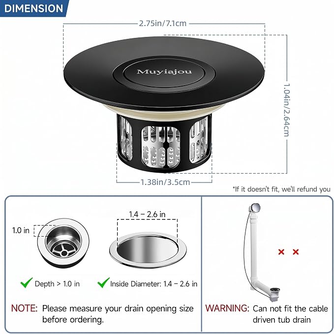 3-in-1 Flip-Cover Bathtub Drain Stopper, Muyiajou, Flush Design, Flip-Cover (No Springs), 2 Strainers, Fits 1.4"-2.6" Drains, Rustproof, Tool-Free（Black）