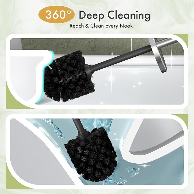 Toilet Bowl Brush and Holder Set 2 Pack with 4 Extra Brush Heads (Silver) | Extra Long Handle with Splash Guard Cover, Tool-Free Installation, Bathroom Space-Saving, Cleaner Sets for Apartments, RV
