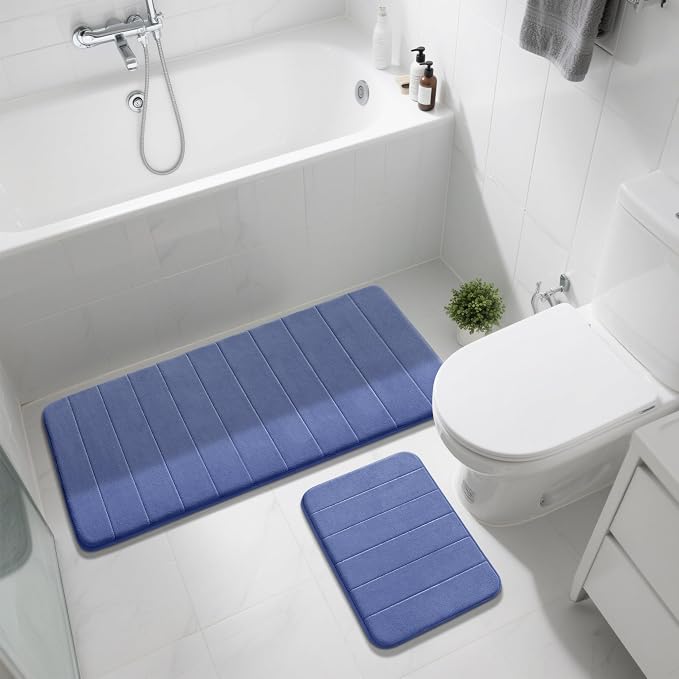 Yimobra Large Bath Mat Set 2 Piece- Super Soft Absorbent Quick Dry Memory Foam Bathroom Rugs, Machine Washable Non Slip Floor Carpet for Tub Shower & Double Vanity (17x24 & 44x24, Navy Blue)