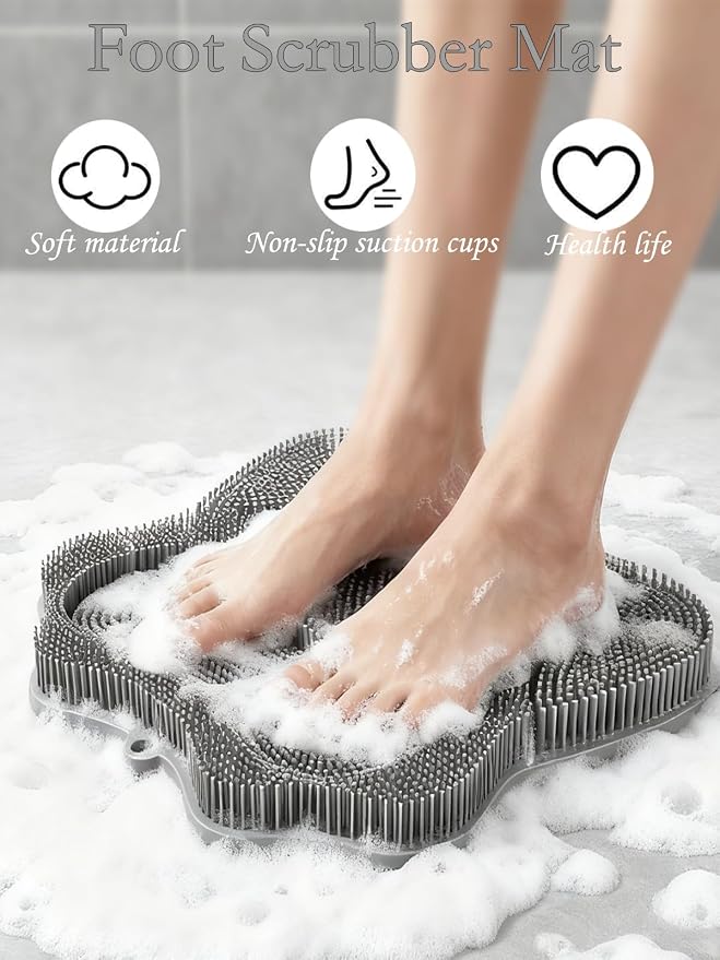 Shower Foot Scrubber Mat,Wall Mounted Back Scrubber Silicone Bath Massager Cushion Brush with Non-Slip Suction Cups,Foot Scrubber for Use in Shower for Improve Skin Exfoliation(Grey)