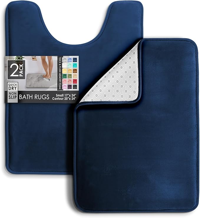 Clara Clark 2 Piece Bathroom Rugs, Velvet Memory Foam Bath Mat Set, Non-Slip Bath Rugs, Machine Wash, Dries Quickly, Ultra Soft Plush Bath Mats for Bathroom, 17 x 24 + Contour, Blue
