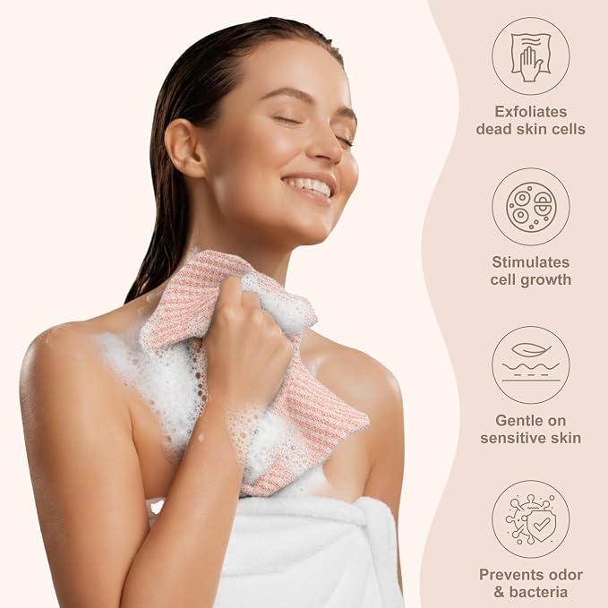 Dual-Textured Exfoliating Washcloth Towel - Back Scrubber for Use in Shower Bath, Exfoliating Body Scrubber Exfoliator, Japanese Exfoliate Loofah Lufa Sponge Wash Cloth for Women Men