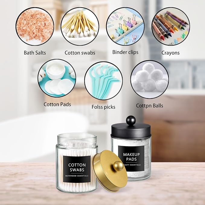 SheeChung 2 Pack Glass Qtip Holder with Black & Gold Stainless Steel Lids | Apothecary Jars with Stickers, Modern Farmhouse Bathroom Vanity Organizer for Cotton Swabs, Balls, Pads
