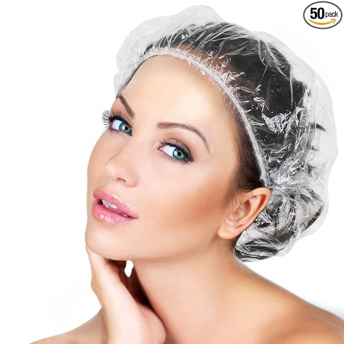 50PCS Disposable Shower Caps, Plastic Clear Thickening Bath Hair Cap and Thick Waterproof Bath Caps for Hair Treatment, Spa, Hotel and Hair Solon, Home Use,Portable Travel