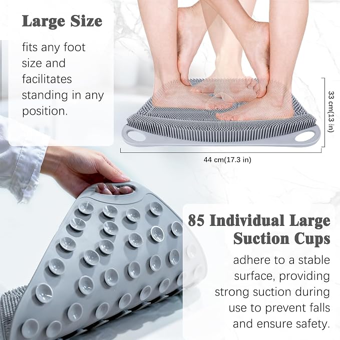 FREATECH Silicone Shower Foot Scrubber Mat 17.3" x 13", Large Foot Cleaner Brush to Clean, Exfoliate and Massage Feet Without Bending Over, Improve Foot Appearance and Overall Health, Grey