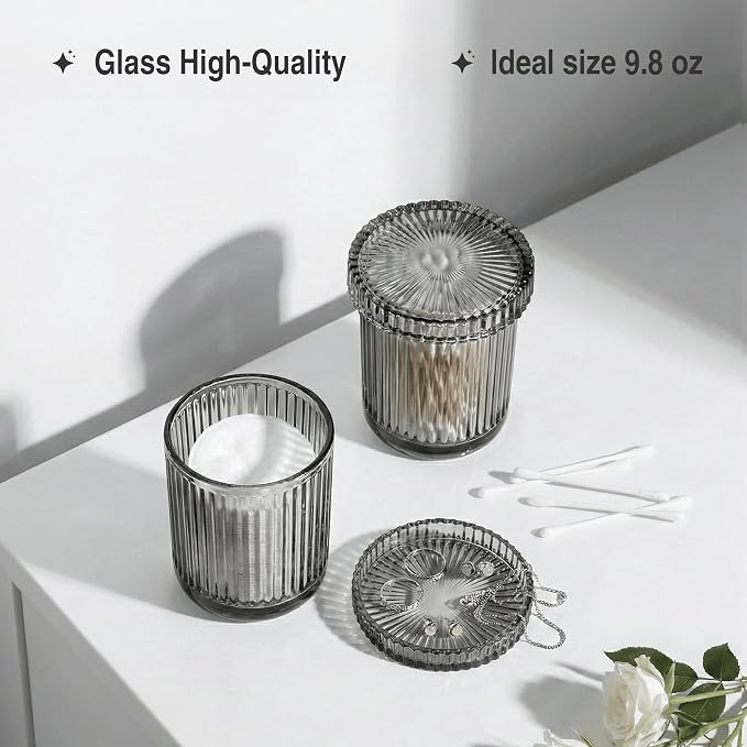 2 Pack Qtip Holder - Apothecary Jars with Lids, Bathroom Organizers and Storage Canister for Cotton Balls,Swabs,Floss Picks,Hair Ties,Clear Glass Vintage Bathroom Decor Jar Set (Gray)