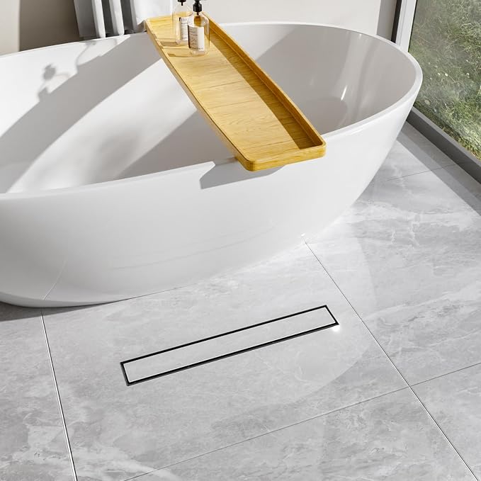 32-Inch Linear Shower Drain with Tile Insert Grate, SUS 304 Stainless Steel Linear Drain, Matte Black Long Rectangle Shower Floor Drain with Leveling Feet, Hair Strainer, Fits Bathroom