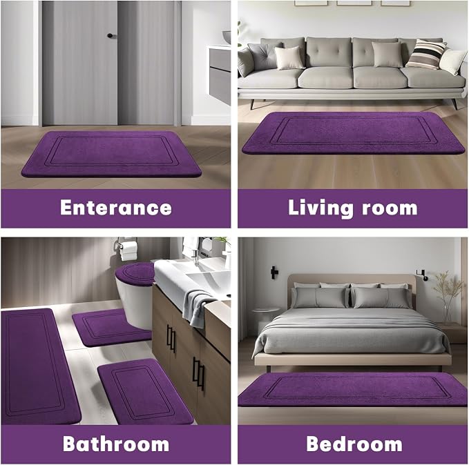 YIHOUSE Memory Foam Bath Mat Set, Bathroom Rugs Sets 3 Pieces, Non Slip Bath Mats for Bathroom, Super Soft and Water Absorbent Bath Rug Set, Machine Washable U Shape Toilet Rug,Purple