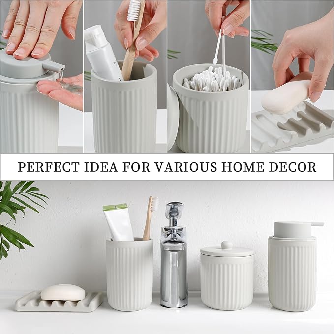 BosilunLife Light Grey Ceramic Bathroom Accessories Set of 4 | Bathroom Decor Sets Accessories Bathroom Lotion Soap Dispenser and Toothbrush Holder Set, Soap Dish, Apothecary Jars.(Liquid)