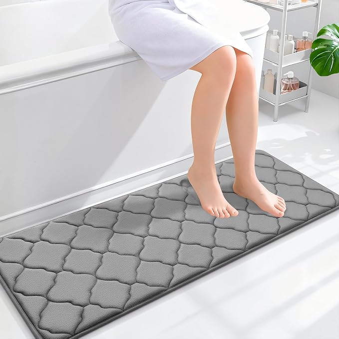 OLANLY Memory Foam Bath Mat Rug 47x17, Ultra Soft Bathroom Rugs, Grey | Thick Absorbent Carpet, Non-Slip Backing, Machine Washable, for Bathroom Floor, Tub, Shower and Home Decor Accessories
