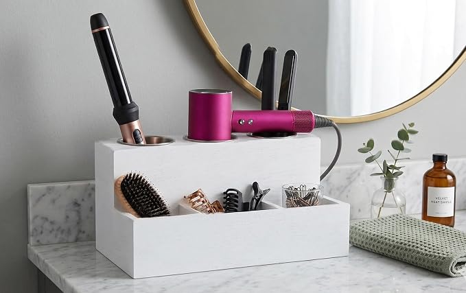 Hair Tools Organizer - Wood White - Blow Dryer, Straightener, Curling Wand, Brushes Holder - Vanity & Bathroom Storage - Wall Mount or Sit on Counter