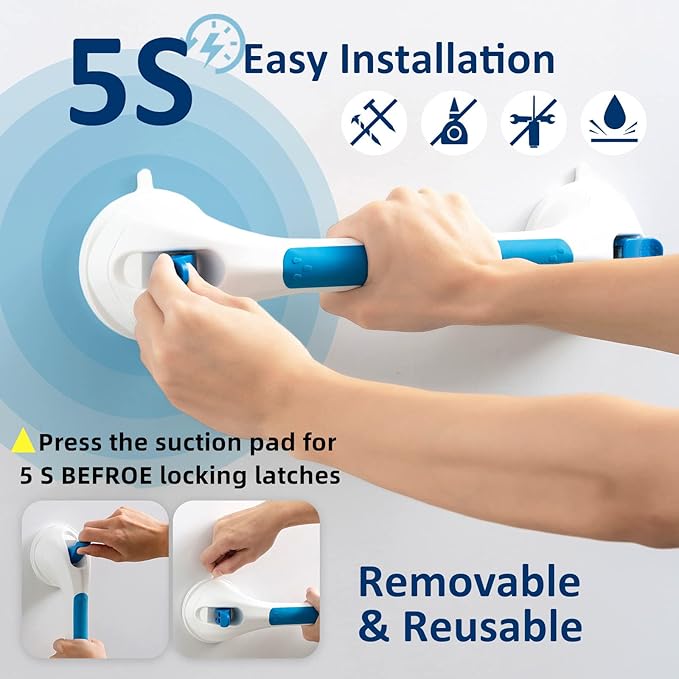 TAILI Shower Grab Bar 2 Pack Suction Grab Bars for Bathtubs and Showers, Heavy Duty Shower Handle Removable Bathroom Safety Grip for Seniors and Elderly, Handrails No Drilling Waterproof, Blue,G9