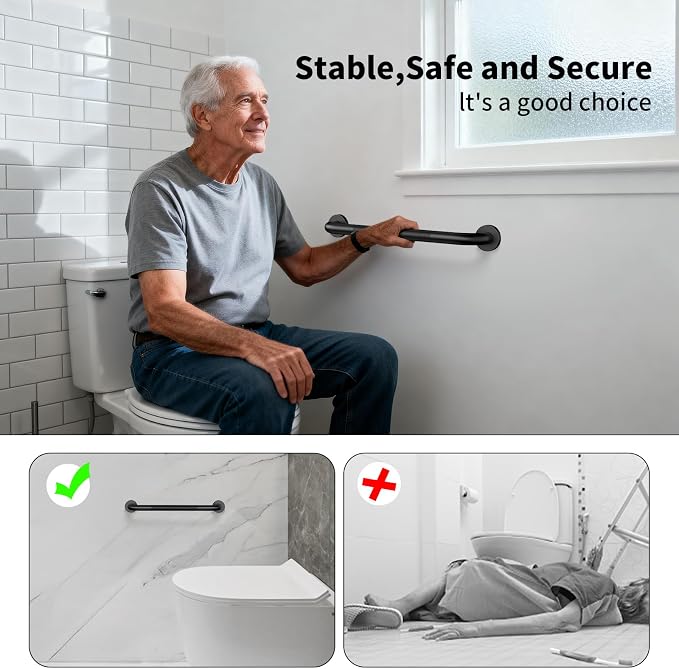 16 Inch Grab Bars for Shower, ZUXET Safety Shower Handle for Seniors w/Knurled Texture, 304 Stainless Steel Anti-Slip Safety Handrail, Handicap Elderly Bathtub Toilet Bathroom Assist (Matte Black)