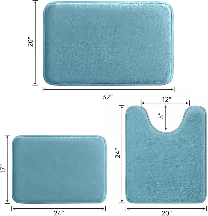HUXMEYSON 3-Piece Memory Foam Bathroom Rug Set, Lake Blue | Quick Dry Velvet Surface, Non-Slip & PVC Backing, Ultra Soft Bath Rugs for Bathroom, 17"x24"+20"x32"+U Shape 20"x24"