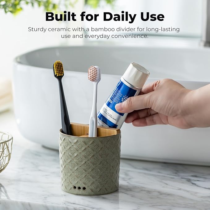 Zoeeker Toothbrush Holders for Bathroom with Drain Holes and Bamboo Divider | Ceramic Toothbrush and Toothpaste Holder, Detachable 3 Slots Electric Tooth Brush Cup Countertop Organizer for Family, Green