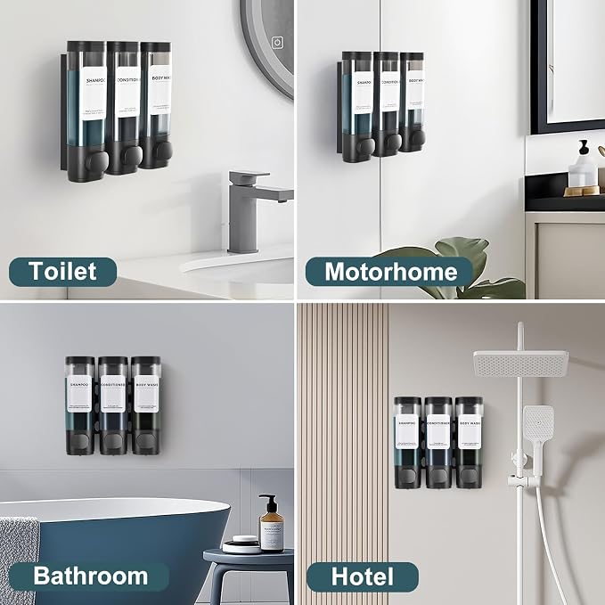 Shampoo Conditioner Shower Soap Dispenser 3 Chamber Wall Mount Black | Refillable. Leakproof 900ml. No-Drill Wall Mount. Soap, Shampoo, Conditioner, Body Wash, Shower Gel, Bathroom Set. BPA-Free.