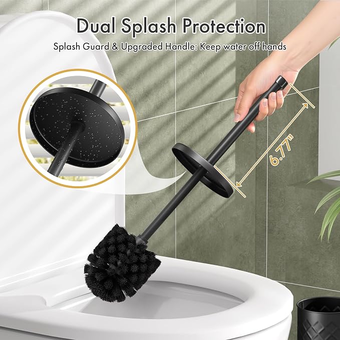 Toilet Bowl Brush and Holder Set 2 Pack with 4 Extra Brush Heads (Black) | Extra Long Handle with Splash Guard Cover, Tool-Free Installation, Bathroom Space-Saving, Cleaner Sets for Apartments, RV