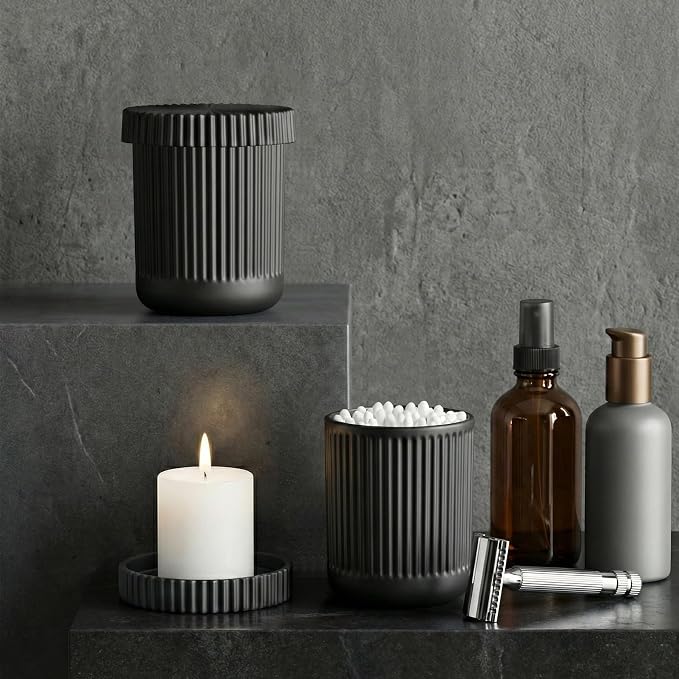 2 Pack Qtip Holder - Apothecary Jars with Lids, Bathroom Organizers and Storage Canister for Cotton Balls,Swabs,Floss Picks,Hair Ties,Clear Glass Vintage Bathroom Decor Jar Set (Black)