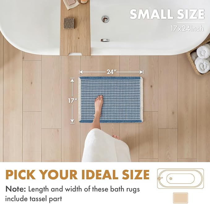 MIULEE Set of 2 Waffle Bathroom Rugs Boho Bath Mat Blue&Cream 17x24 Inch | Non Slip, Super Absorbent, Washable, Ultra Soft, Rubber Backed, Small Bath Rugs for Bathroom Floor Tub Shower