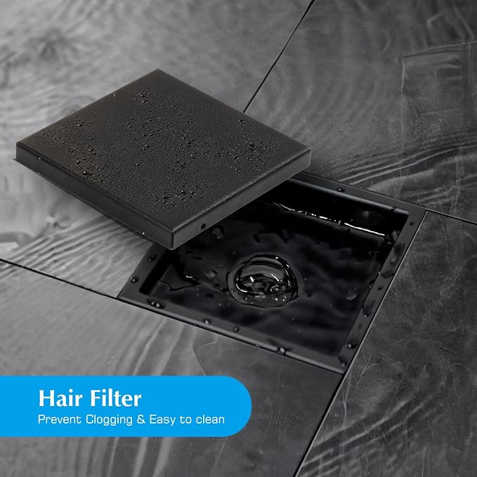 Linear Shower Drain, 6 in Shower Drain with Tile Insert 2-in-1 Panel, Brushed 304 Stainless Steel Shower Drain, Linear Drain with Hair Strainer and Adjustable Feet