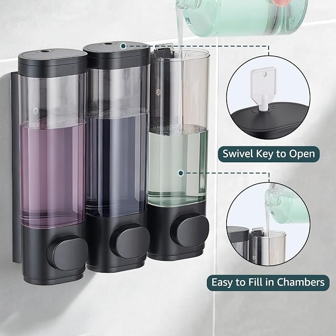 Pollock Shampoo and Conditioner Dispenser,Black 3 Chamber*300ml | Shower Soap Dispenser No Drill,Shampoo Body Wash Conditioner for Bathroom Large Capacity