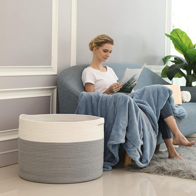 24" x 24" x 17" Max Size Large Cotton Rope Basket, Extra Large Storage Basket, Woven Laundry Hamper, Cloth Storage Bin, for Blankets Clothes Towels Pillows in Living Room, Grey