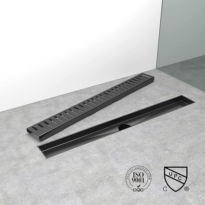 Linear Shower Drain 32 inch Black, Brushed 304 Stainless Steel | Leveling Feet,Bar Pattern Grate, High Flow Drainage, Detachable Hair Catcher for Bathroom Shower Renovation