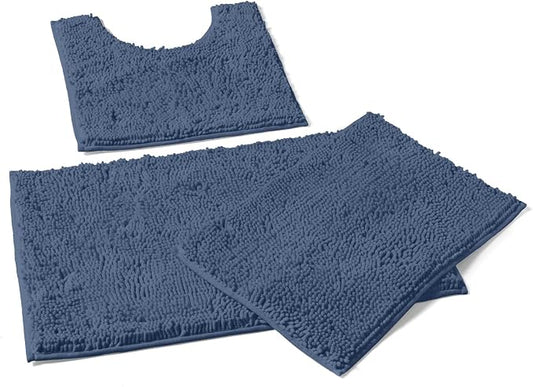 LuxUrux 3-Piece Bathroom Rug Set – Plush Chenille Bath Mats & U-Shaped Toilet Mat, Ultra-Soft, Absorbent & Non-Slip (20x20 U, 16x24 & 20x30 inches, Medium Blue)